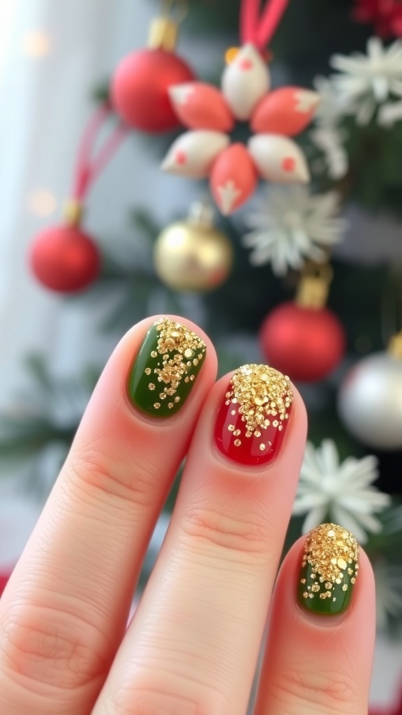 Short Christmas nails with red and green polish and gold glitter, decorated for the holiday season.